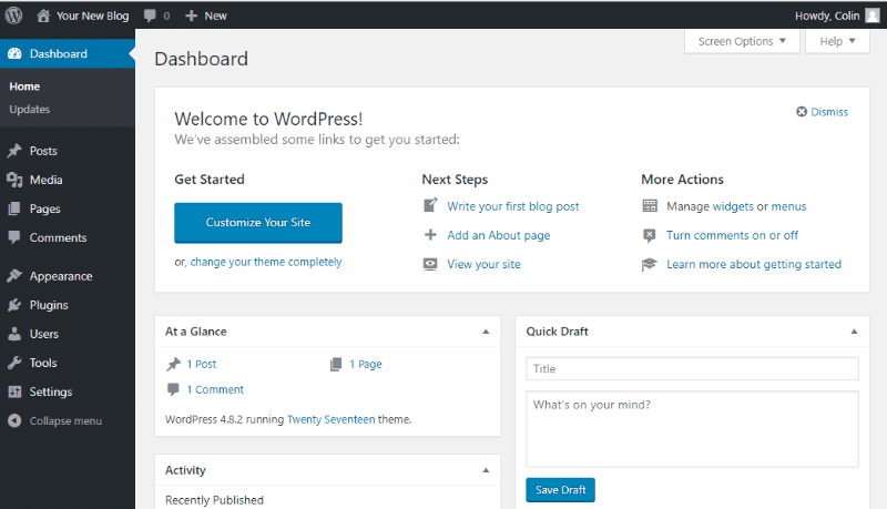 Your WordPress dashboard on a free WordPress blog.
