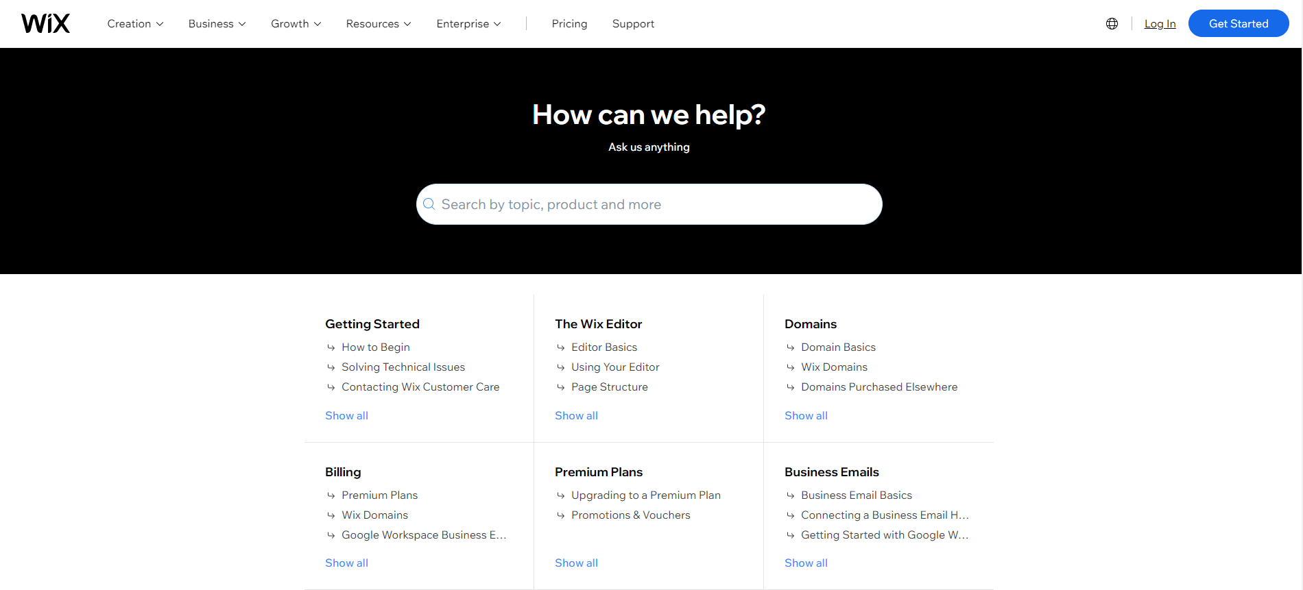 A screenshot of Wix's Help Center.